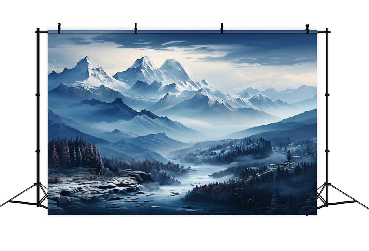 Winter Photography Backdrops Snowy Blue Mountain River Backdrop BRP11-258