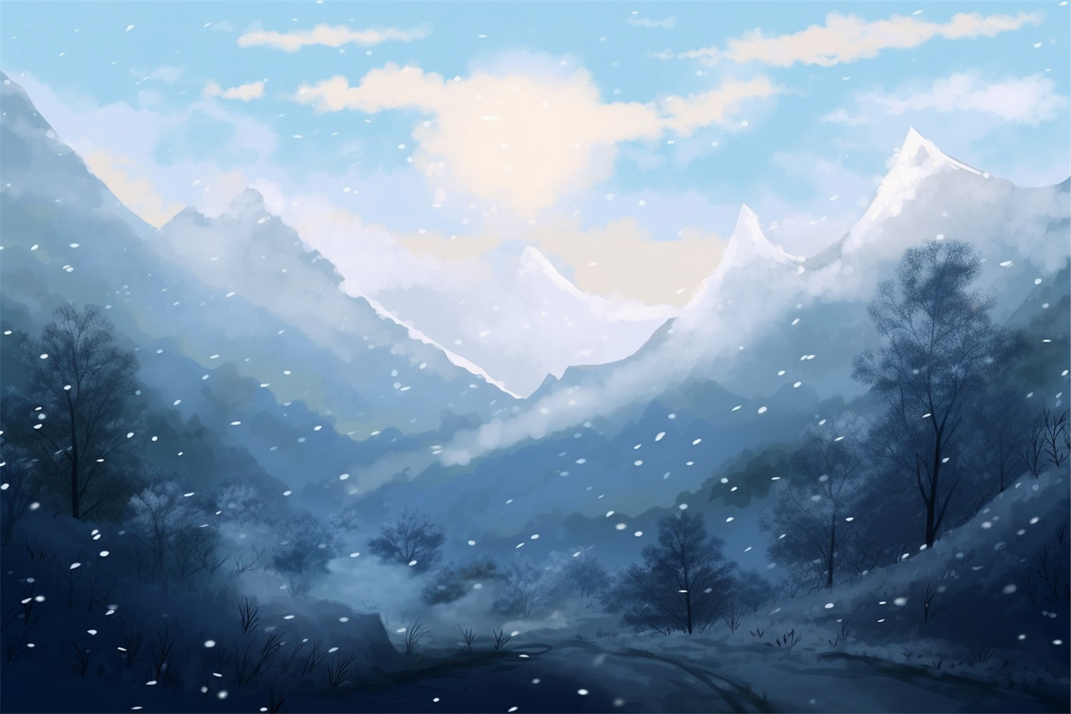 Winter Forest Backdrop Snowy Road Through Mountains Backdrop BRP11-260