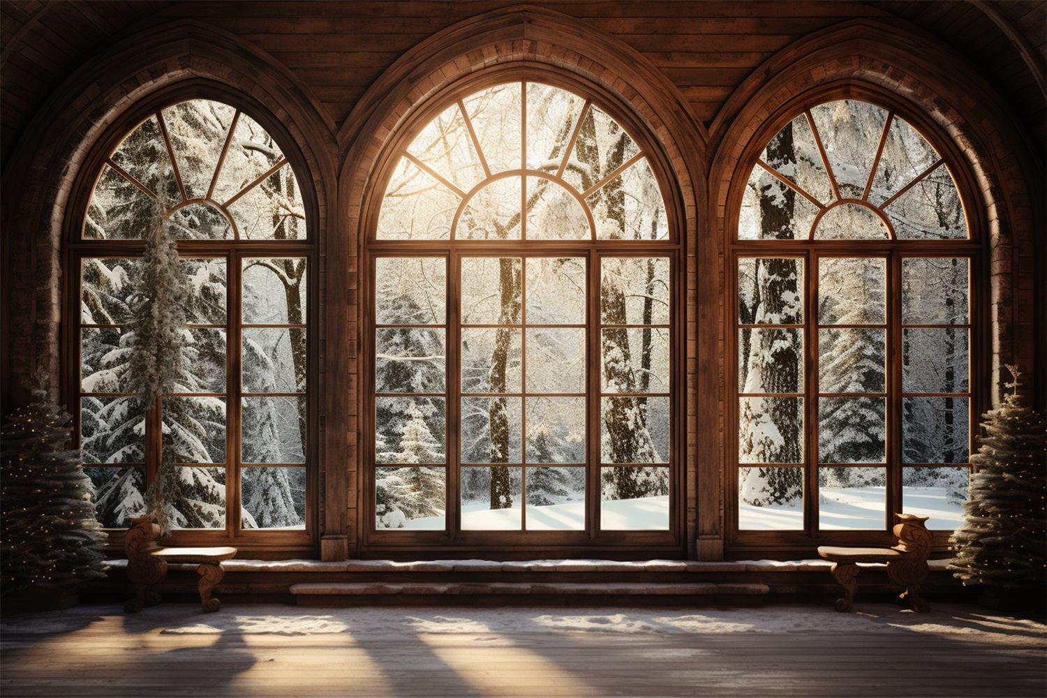 Winter Backdrop Scenes Sunlit Wooden Arched Window Backdrop BRP11-271