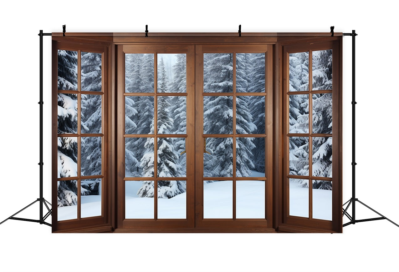 Winter Snow Backdrop Wooden Window Frames Pines Backdrop BRP11-274