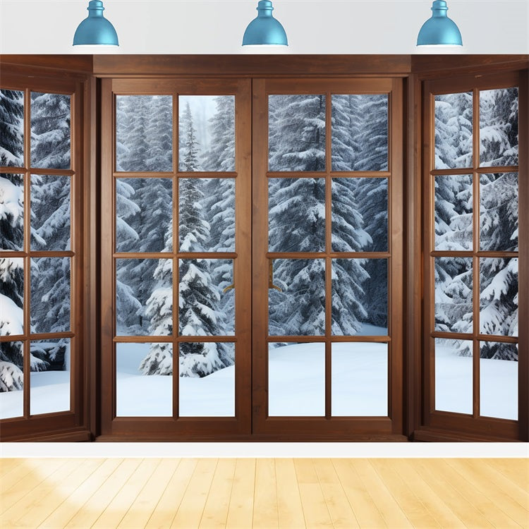 Winter Snow Backdrop Wooden Window Frames Pines Backdrop BRP11-274