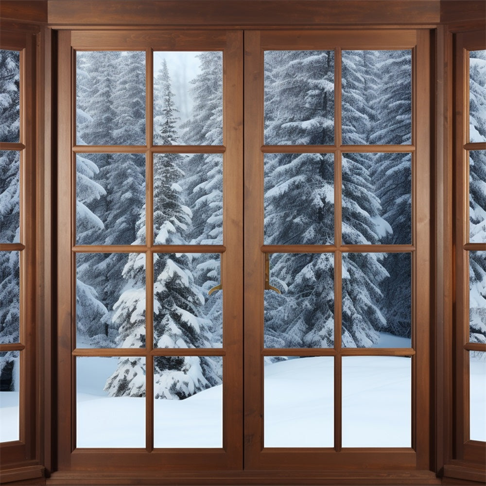 Winter Snow Backdrop Wooden Window Frames Pines Backdrop BRP11-274