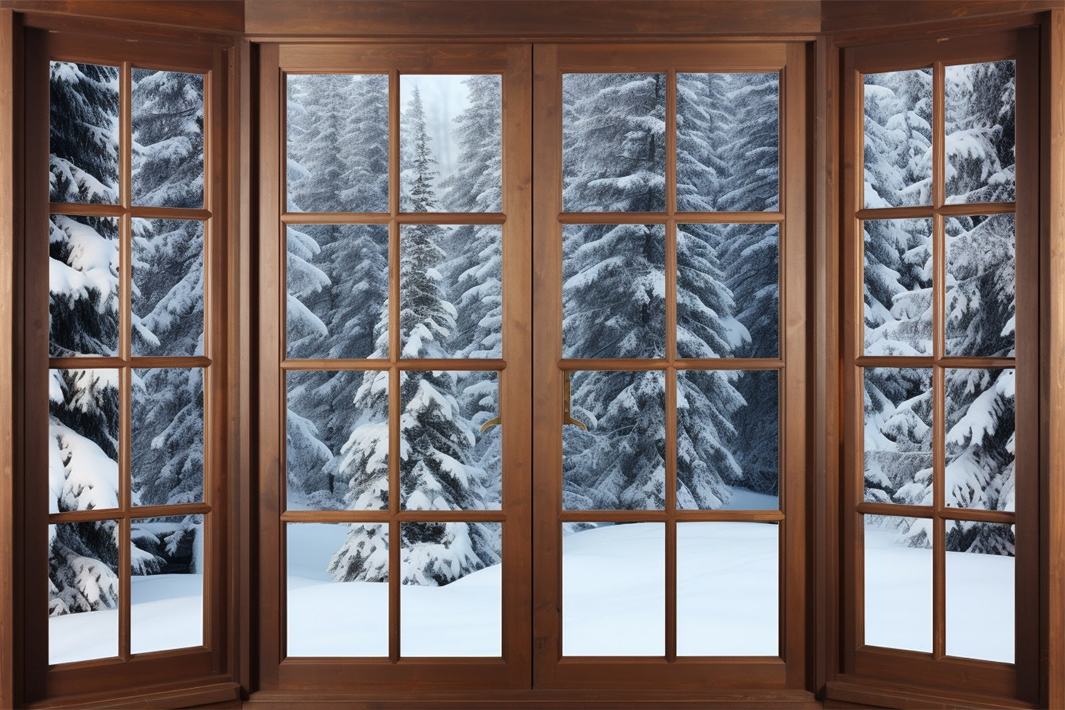 Winter Snow Backdrop Wooden Window Frames Pines Backdrop BRP11-274