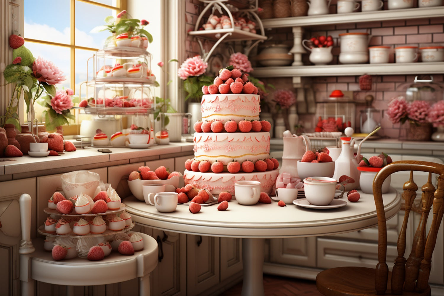 Valentine Backdrop Photography Strawberry-Laden Dessert Table Backdrop BRP11-283