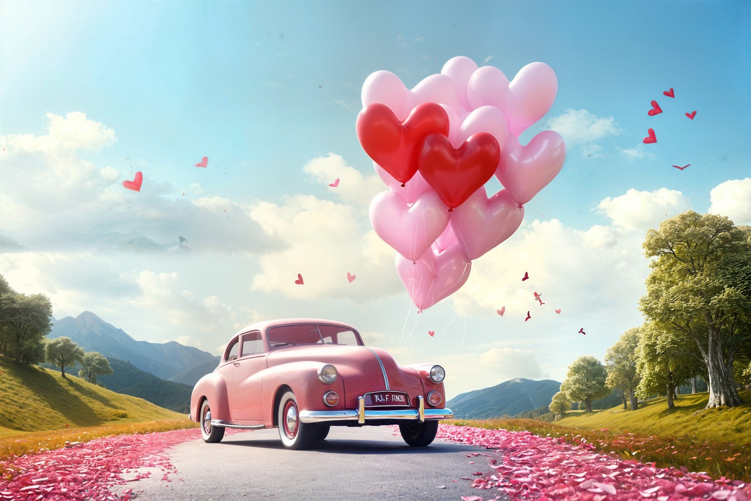 Valentine Backdrops Heart Balloon Road Pink Car Backdrop BRP11-411