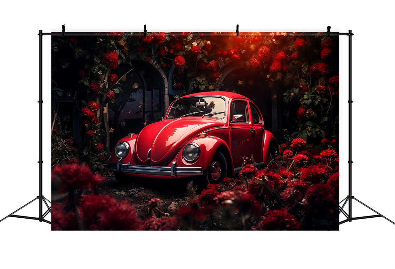 Valentine's Day Photo Backdrop Crimson Car Flowers Backdrop BRP11-413
