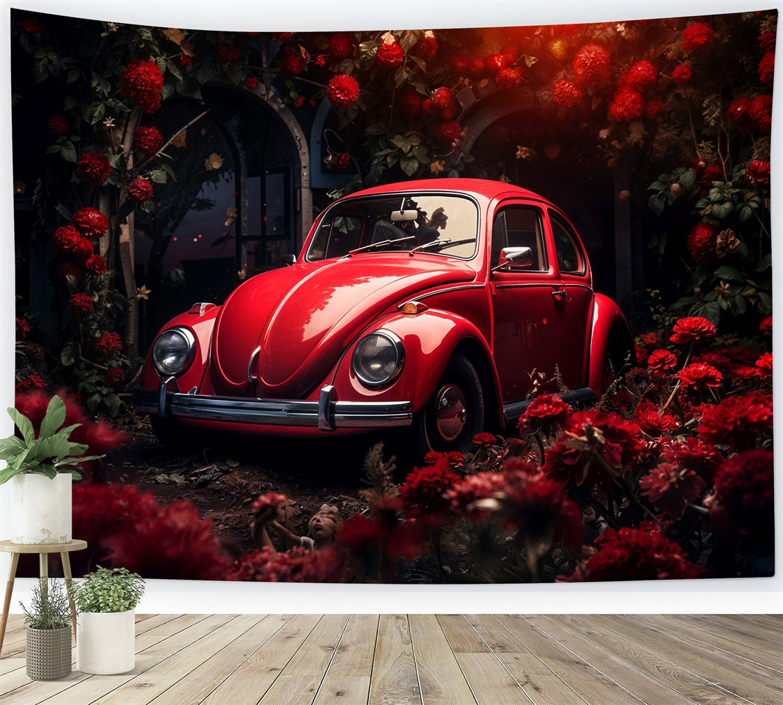 Valentine's Day Photo Backdrop Crimson Car Flowers Backdrop BRP11-413