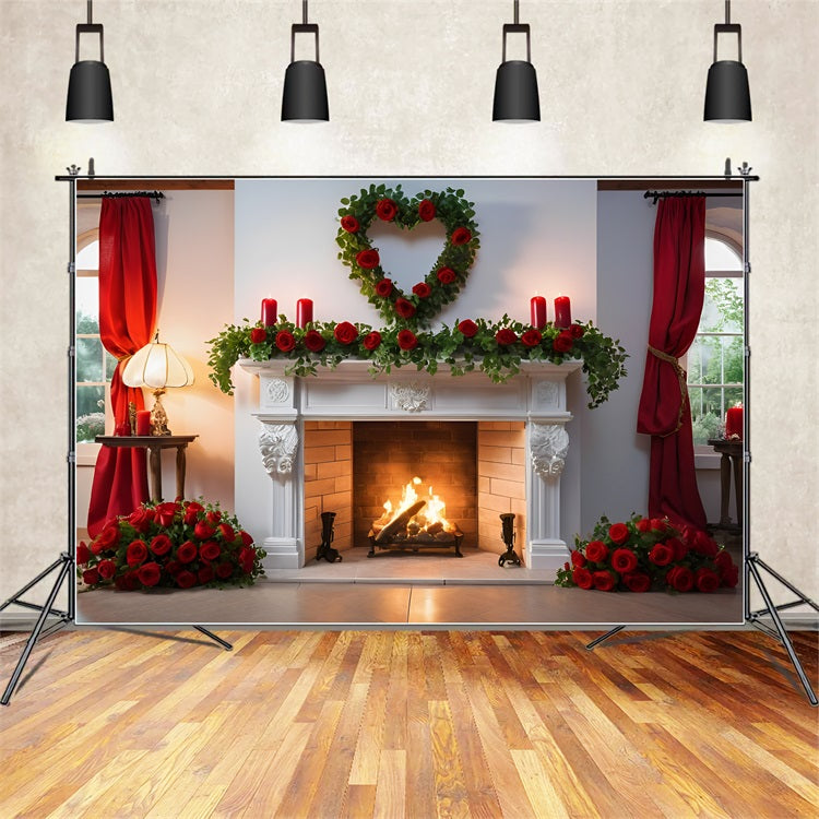 Valentines Backdrop Ideas White Fireplace Roses Decor Backdrop BRP11-422