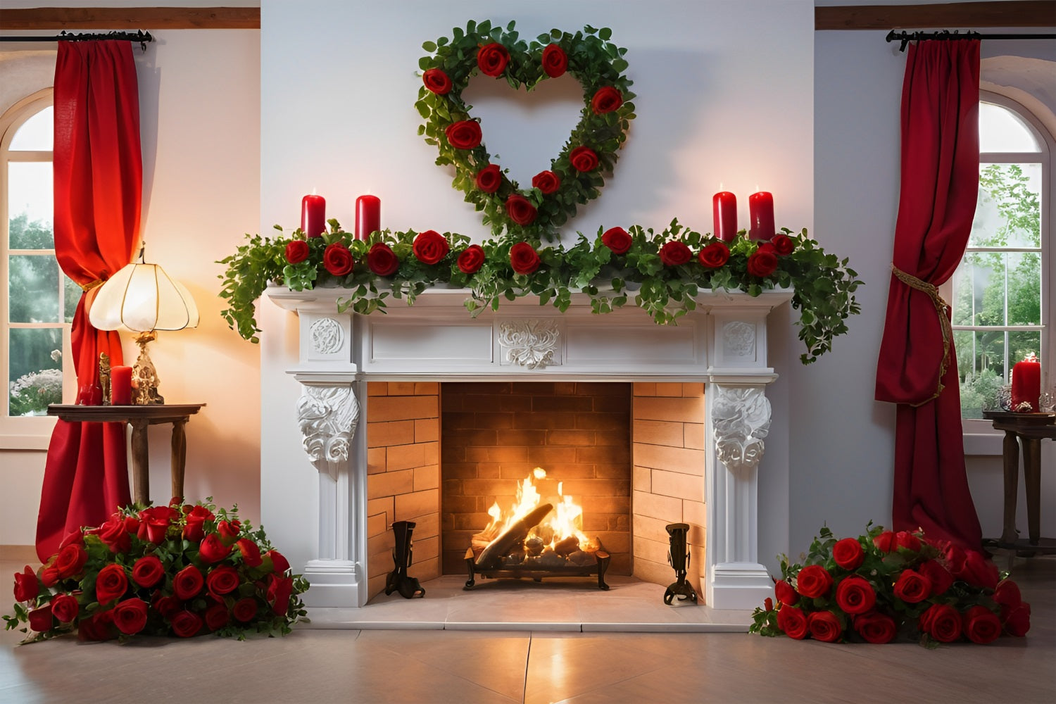 Valentines Backdrop Ideas White Fireplace Roses Decor Backdrop BRP11-422