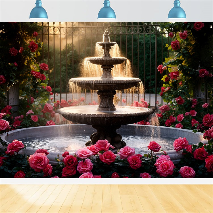 Valentines Photography Backdrops Three-Tier Fountain Pink Roses Backdrop BRP11-426