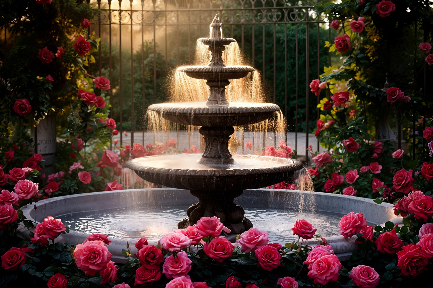 Valentines Photography Backdrops Three-Tier Fountain Pink Roses Backdrop BRP11-426