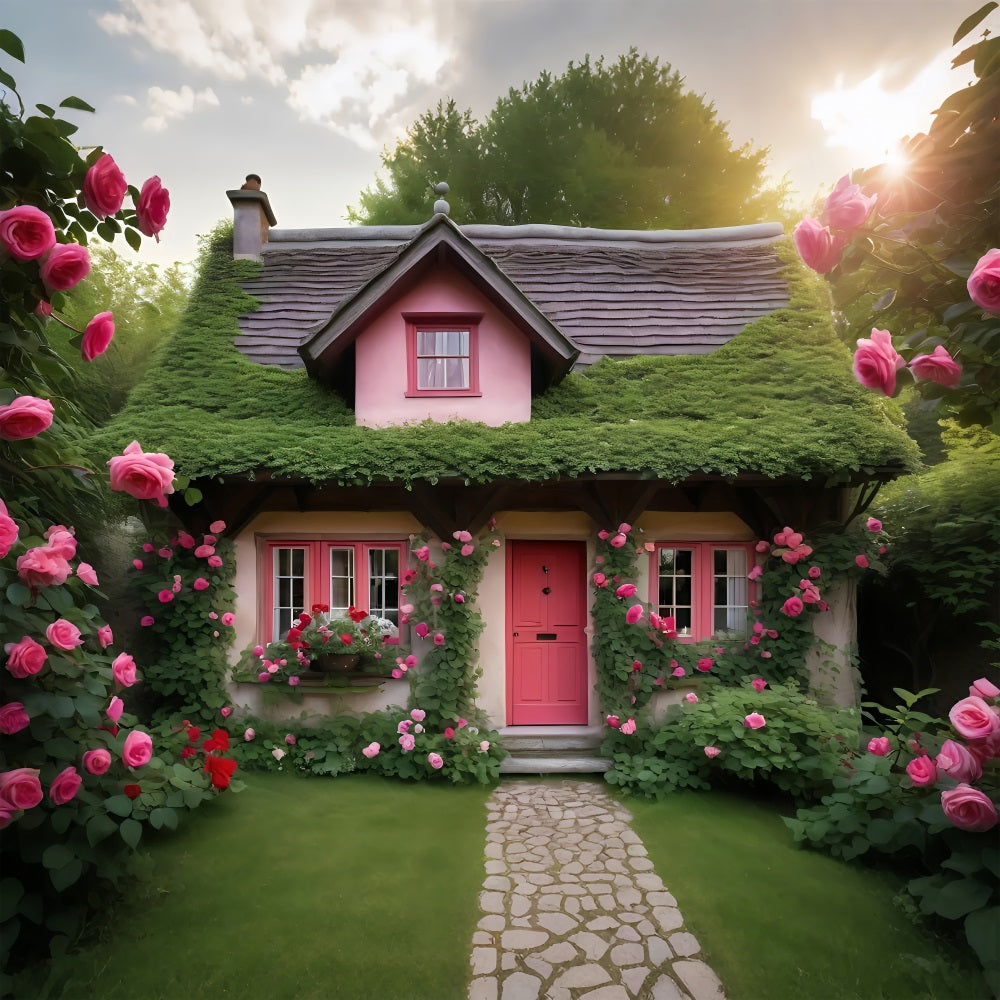 Valentine Photo Backdrops Pink Cottage Surrounded Roses Backdrop BRP11-433