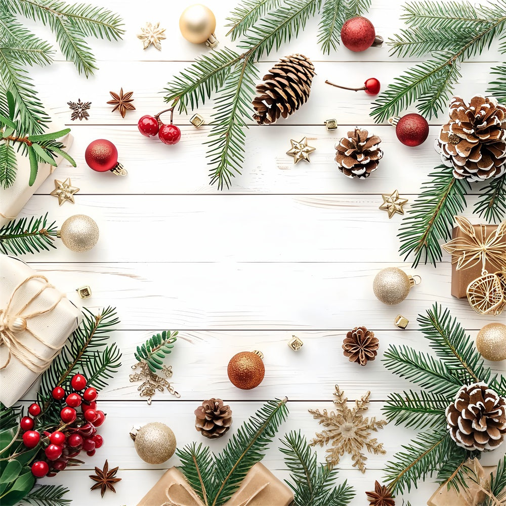 Winter Backdrop Red Gold Ornaments Pinecones Photography Backdrop BRP11-466