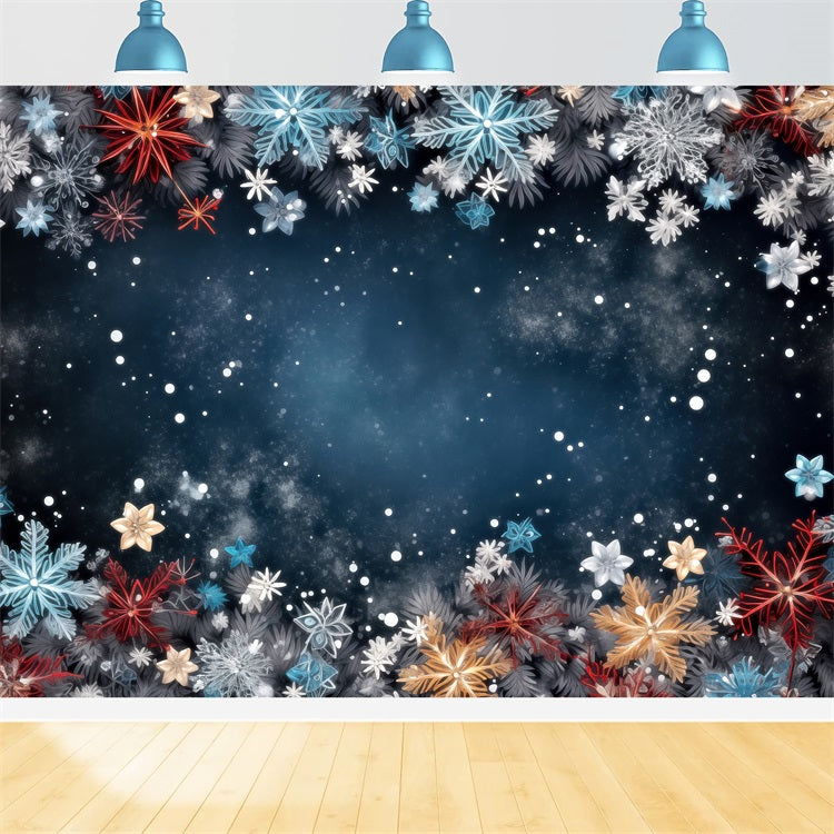 Winter Backdrops Colorful Snowflakes Dark Starry Sky Backdrop BRP11-467