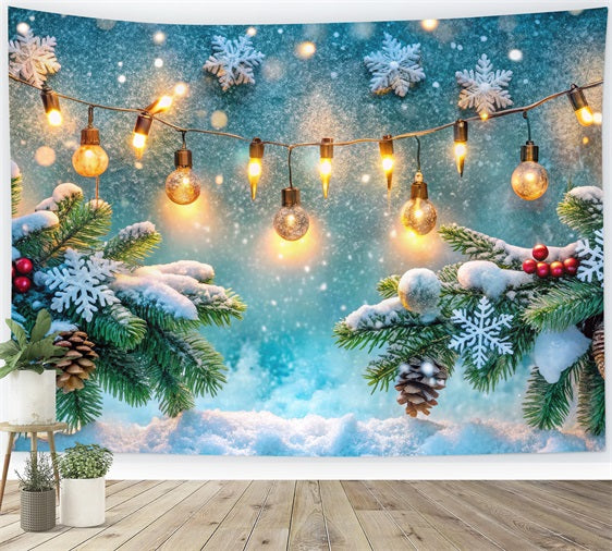 Winter Scene Backdrop Frosted Pinecones String Lights Backdrop BRP11-481
