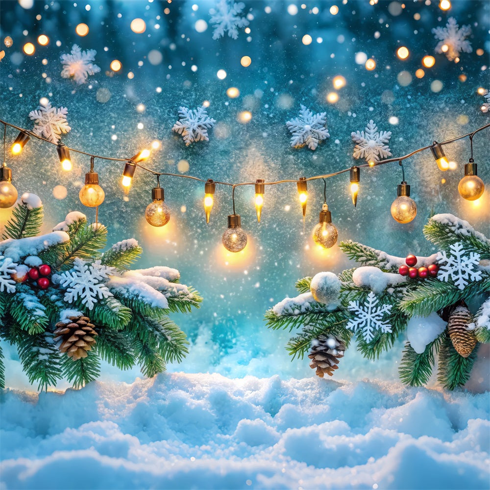 Winter Scene Backdrop Frosted Pinecones String Lights Backdrop BRP11-481