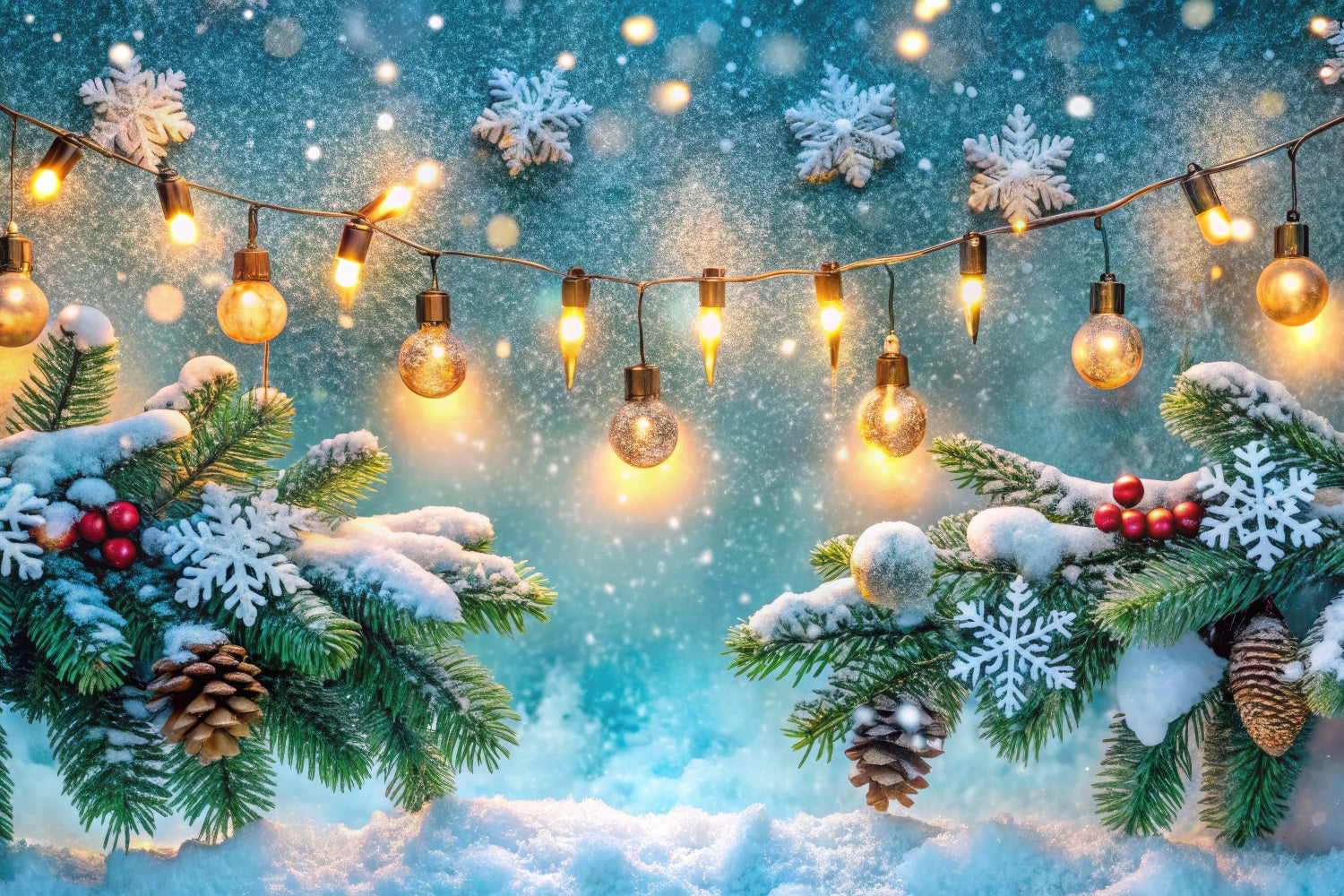 Winter Scene Backdrop Frosted Pinecones String Lights Backdrop BRP11-481