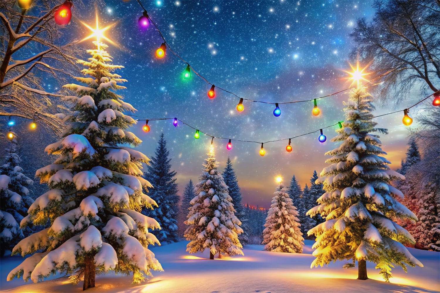 Winter Backdrop Scenes Colorful Lights Snowy Trees Backdrop BRP11-485