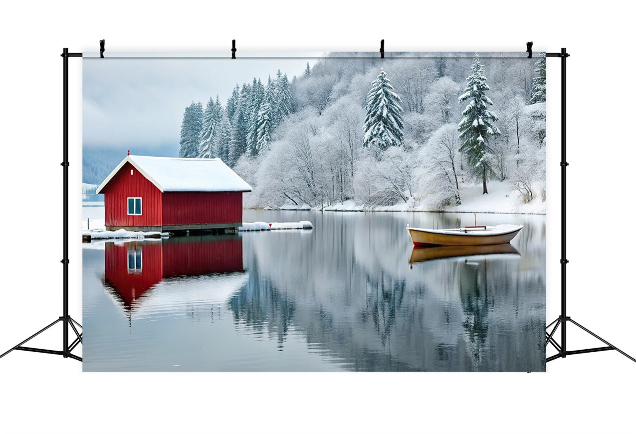 Winter Wonderland Backdrop Red Cabin Frozen Lake Backdrop BRP11-493