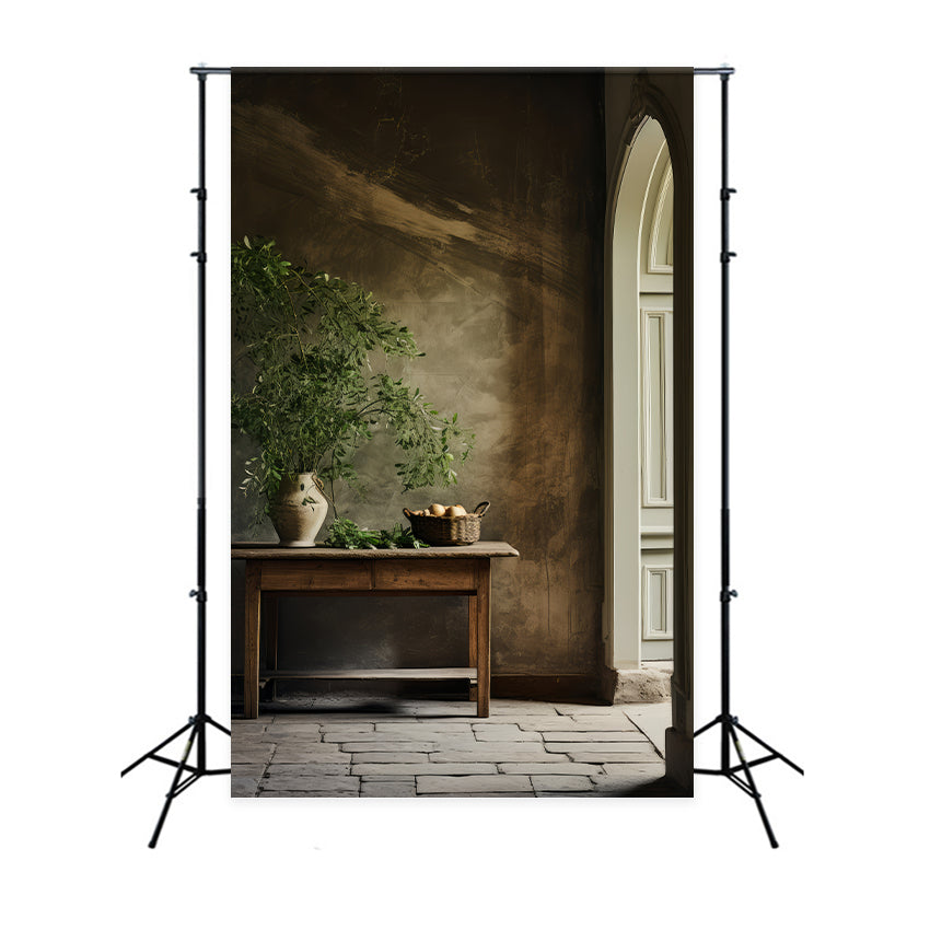 Backdrops Vintage Pottery Greenery Wooden Table Backdrop BRP11-560