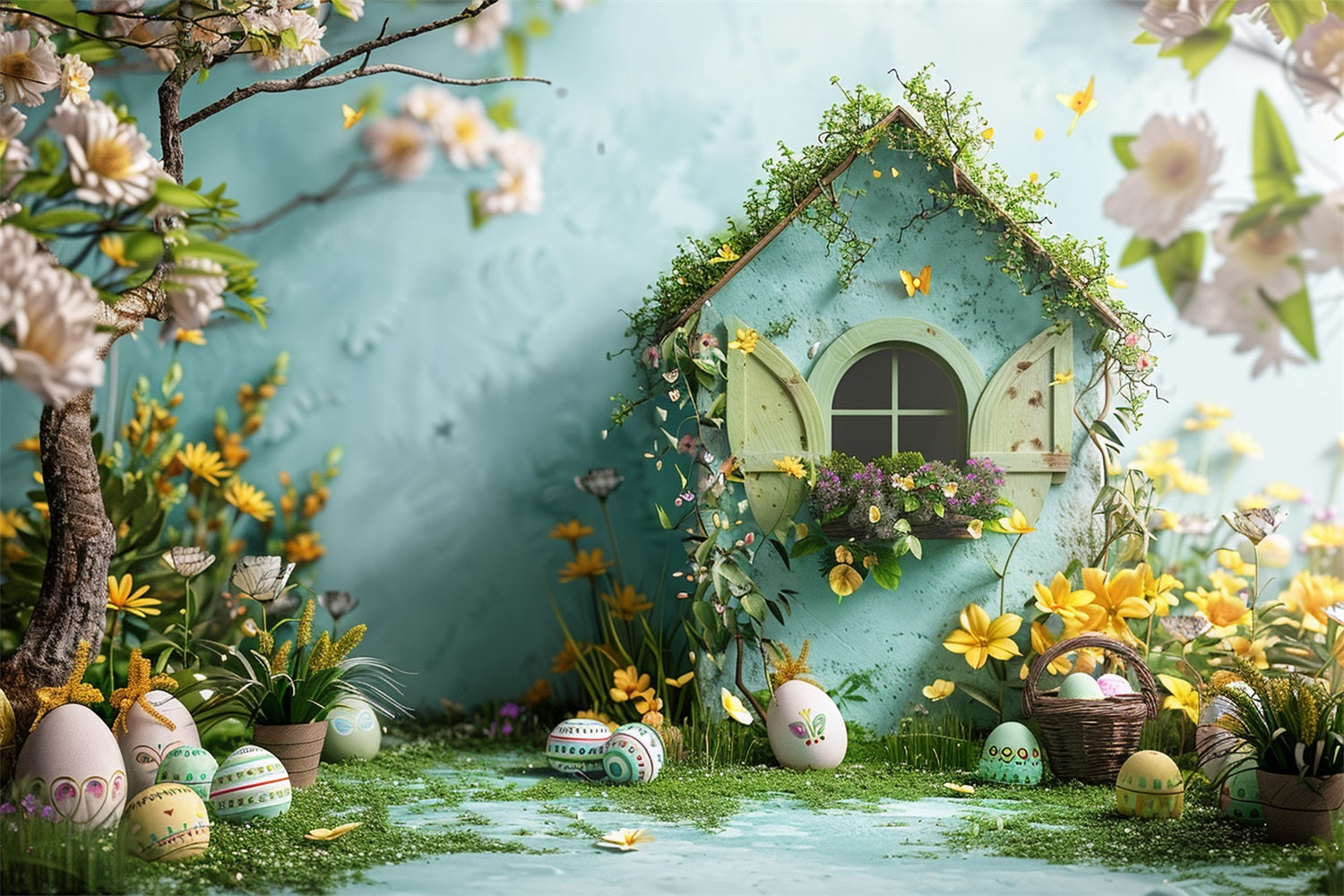 Easter Picture Backdrops Garden Cottage Yellow Blooms Backdrop BRP12-399