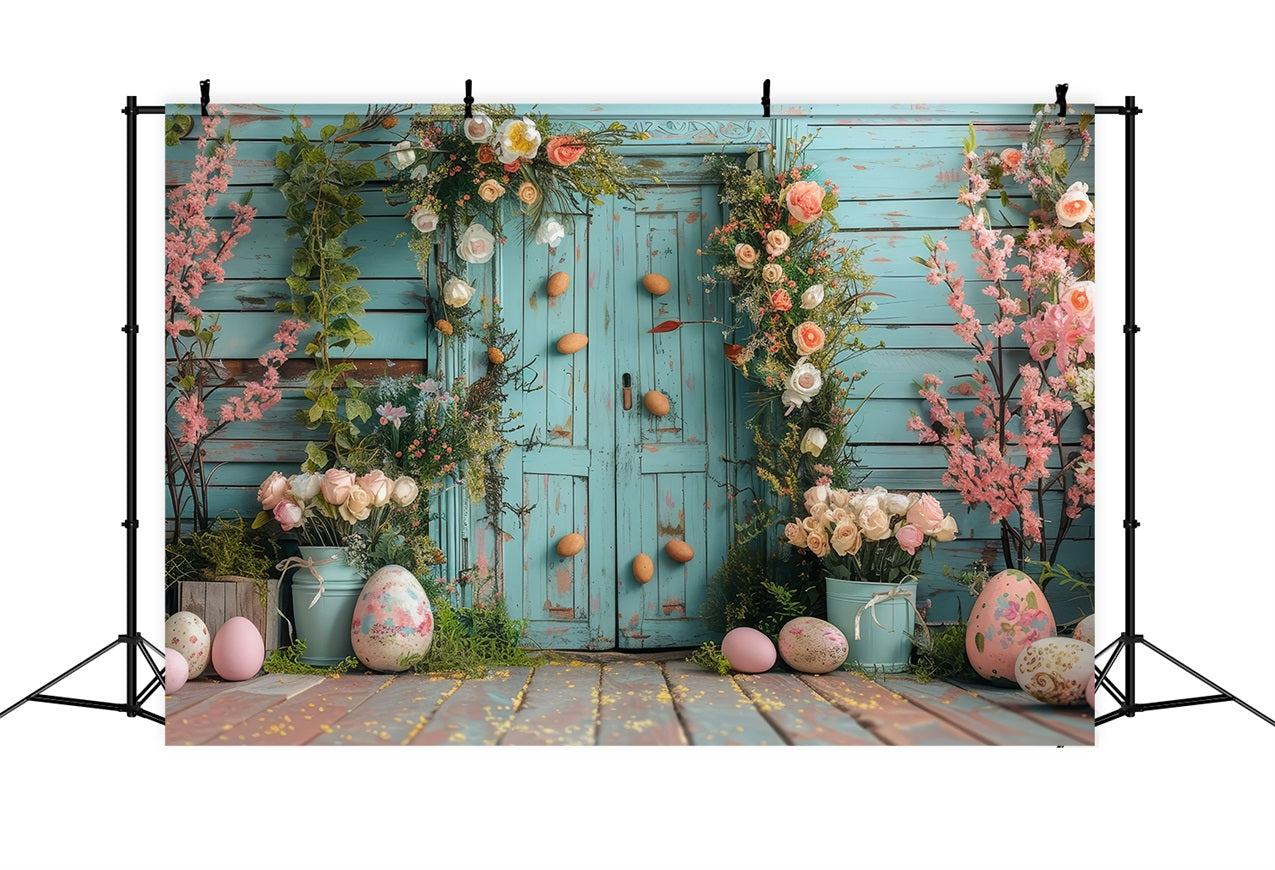Easter Backdrop Light Blue Door Vibrant Floral Backdrop BRP12-409