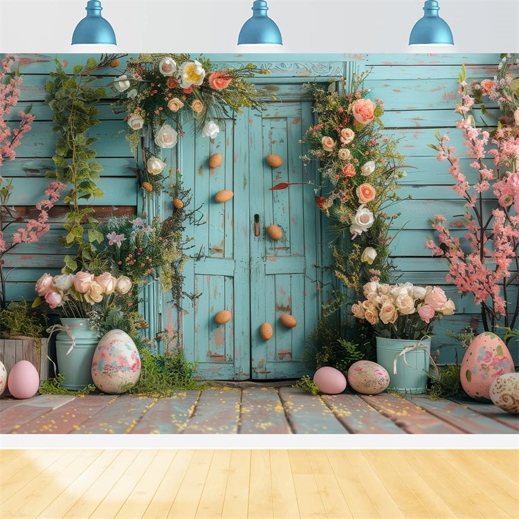 Easter Backdrop Light Blue Door Vibrant Floral Backdrop BRP12-409