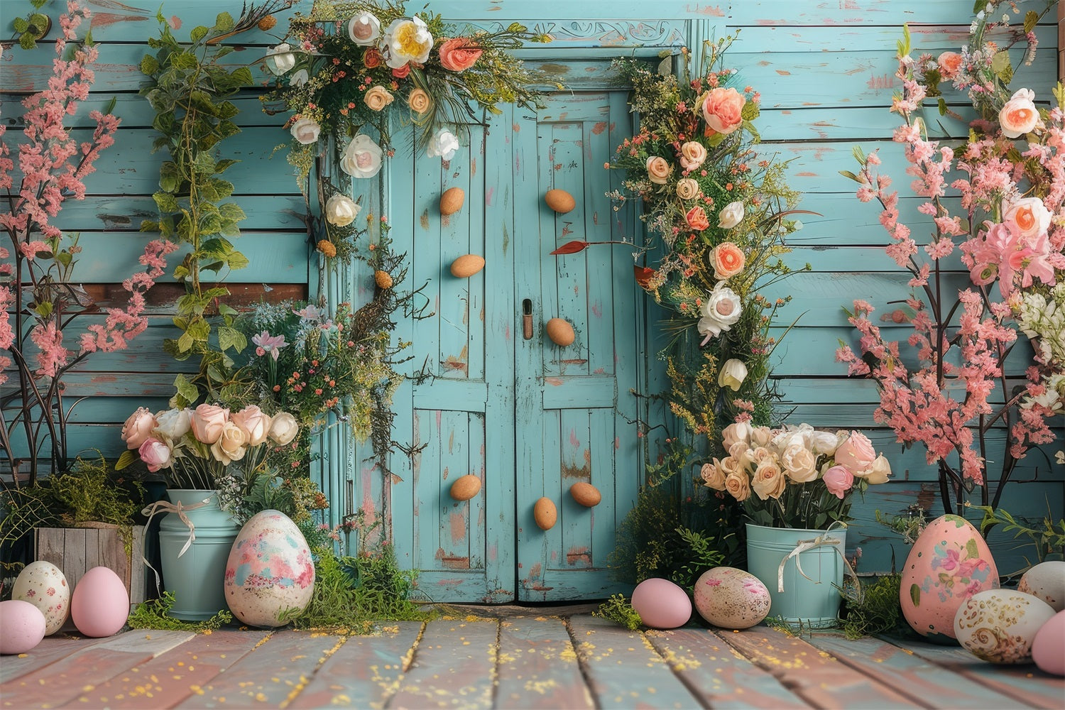 Easter Backdrop Light Blue Door Vibrant Floral Backdrop BRP12-409