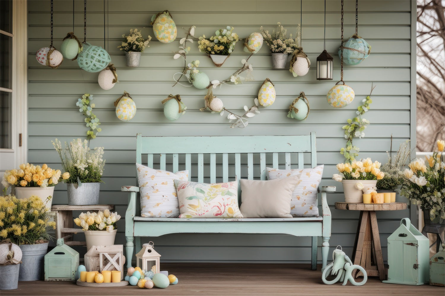 Easter Backdrop Ideas Yellow Tulips Rustic Porch Backdrop BRP12-414