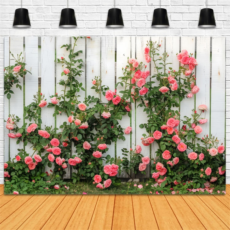 Floral Theme Backdrop White Wooden Fence Climbing Roses Backdrop BRP12-560