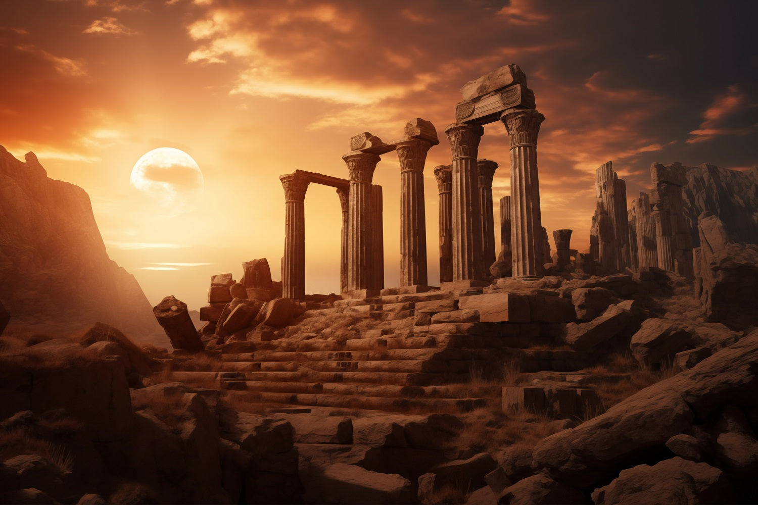 Architecture Backdrop Ancient Ruins Moonlit Dusk Backdrop BRP12-630