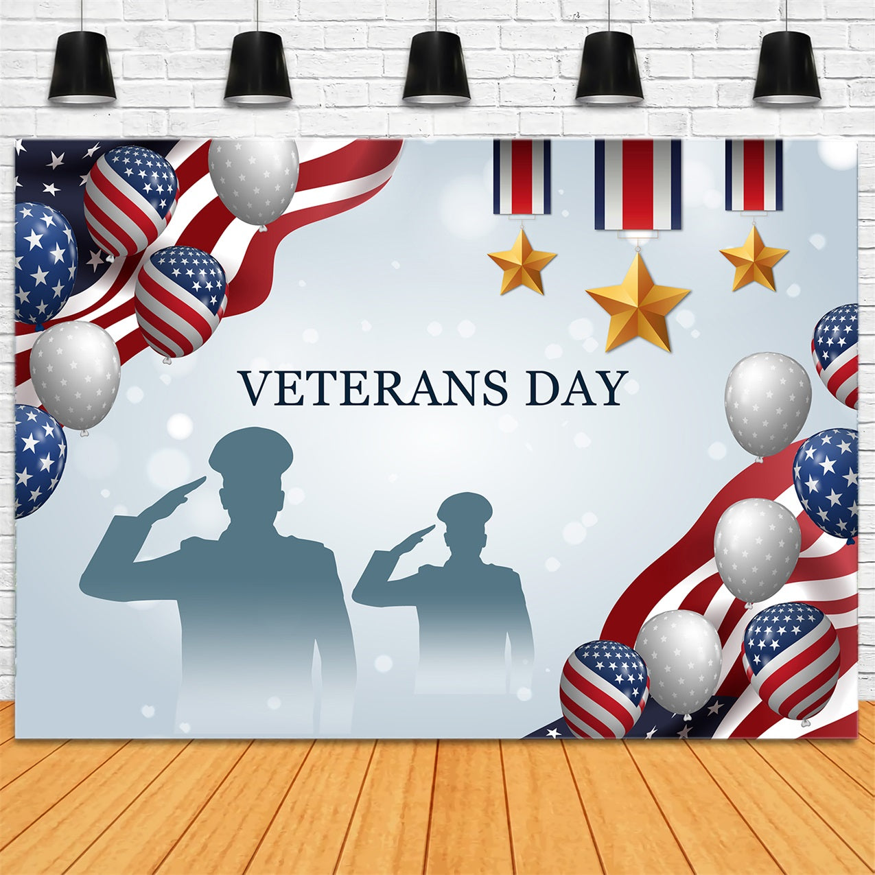 American Flag Backdrops Veterans Day Patriotic Balloons Salute Backdrop BRP12-687