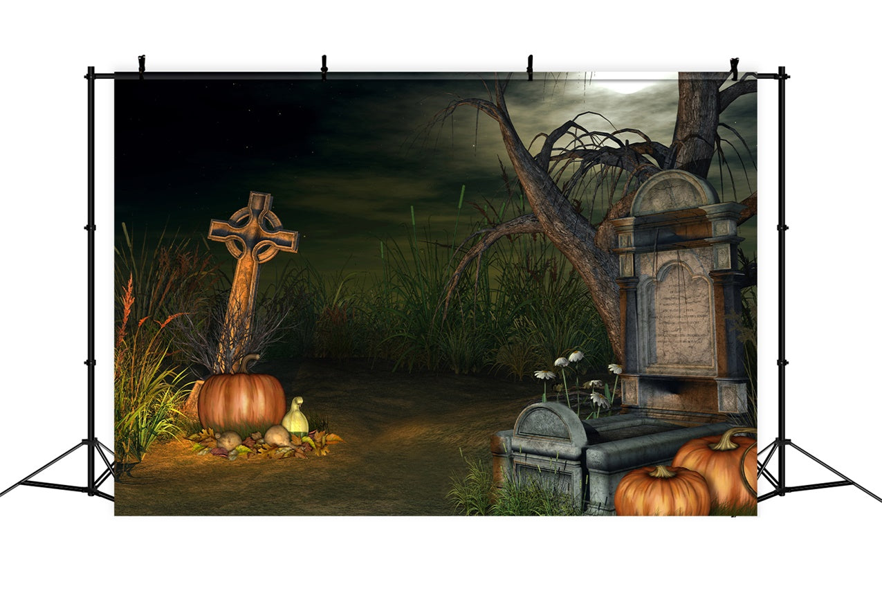 Coffin Backdrop Halloween Graveyard Creepy Pumpkins Backdrop BRP12-691