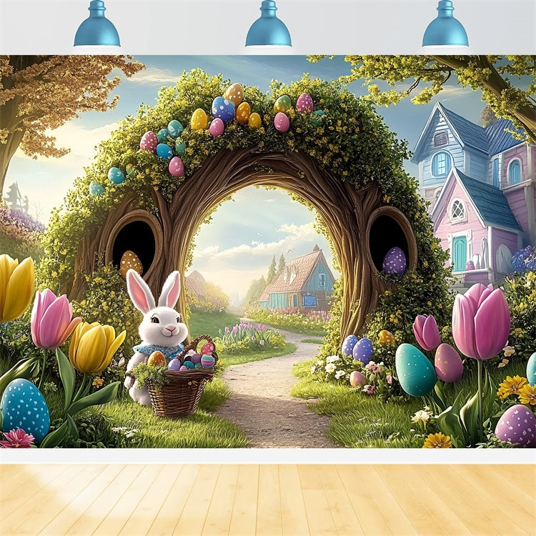 Easter Egg Backdrop Vibrant Tulip Garden Bunny Backdrop BRP12-737