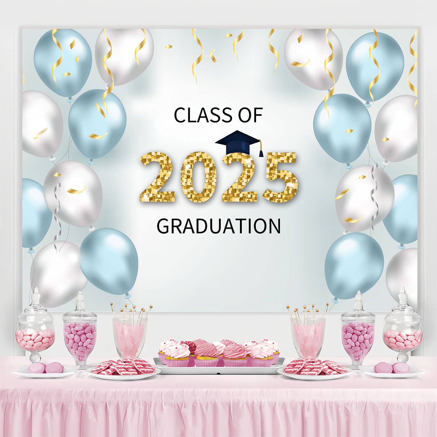 Graduation Backdrop Photoshoot Elegant Blue Silver Graduation Party Backdrop BRP2-253