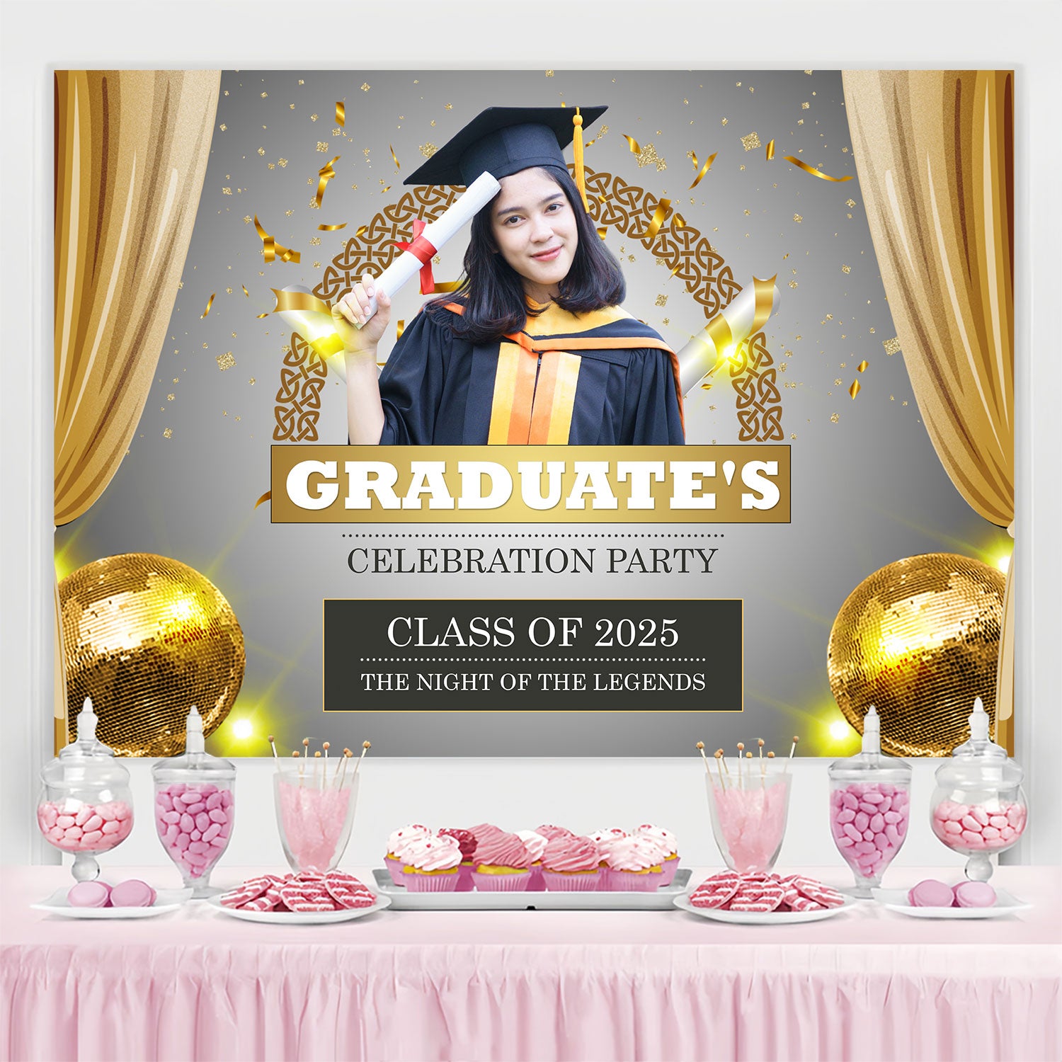 Custom Graduation Backdrop 2025 Festive Golden Graduation Party Backdrop BRP2-286