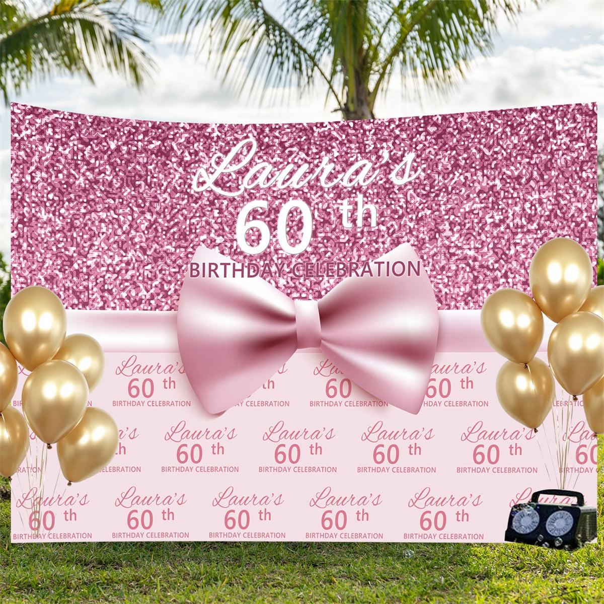 Personalized 60th Birthday Backdrop Pink Glitter Elegance Backdrop BRP3-101