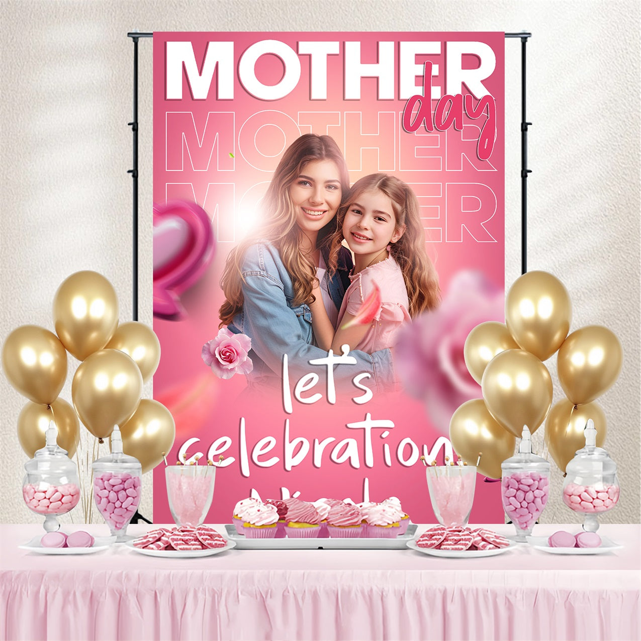 Mothers Day Photo Backdrop Pink Petals Happiness Personalized Backdrop BRP3-133