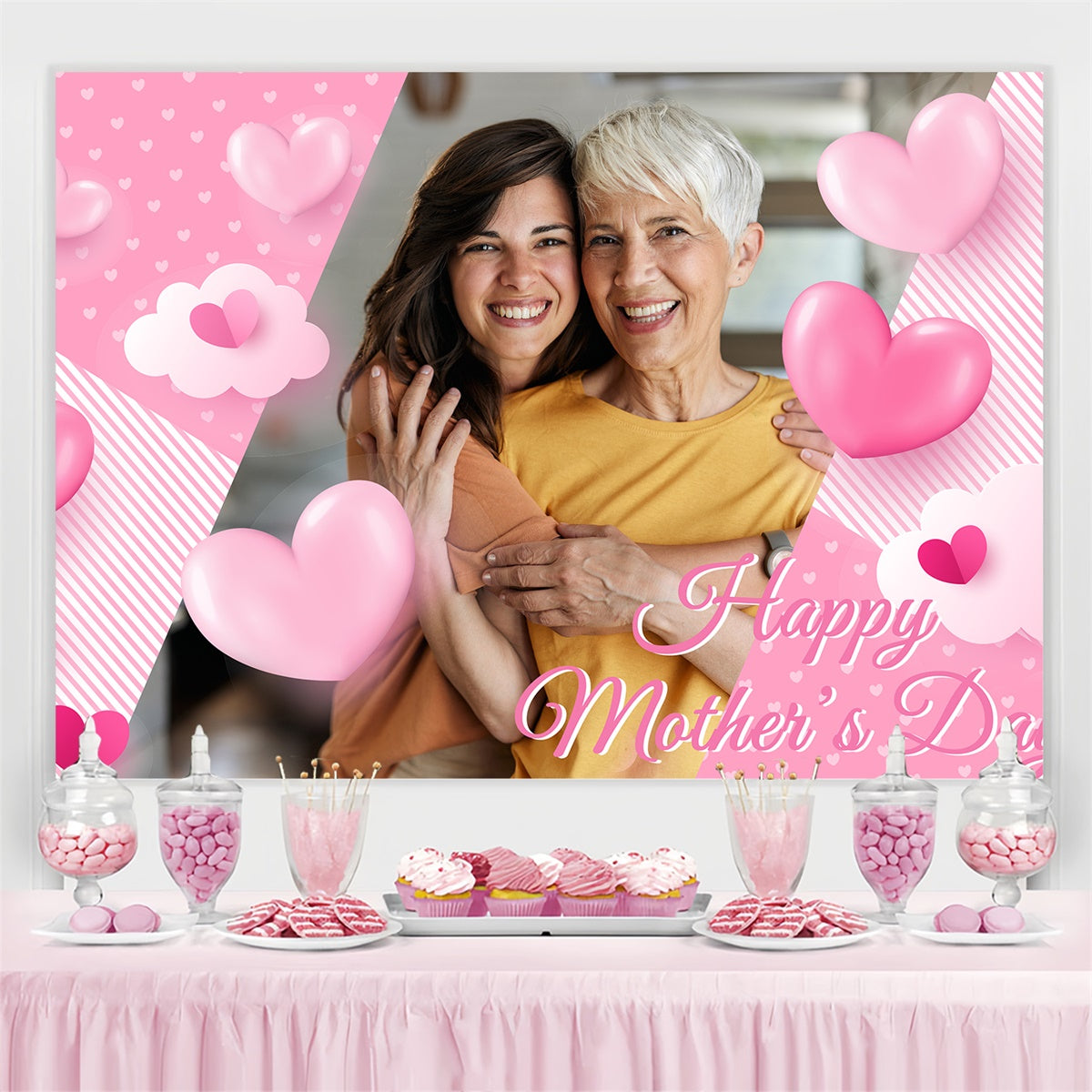 Backdrop For Mothers Day Striped Pink Heart Customized Backdrop BRP3-162