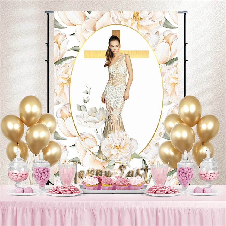 Religious Easter Backdrops Gold Cross Floral Personalized Backdrop BRP3-184