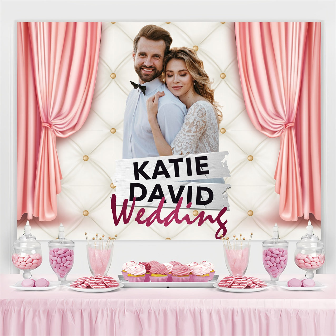 Wedding Photo Backdrops Pink Curtain Love Personalized Backdrop BRP3-192