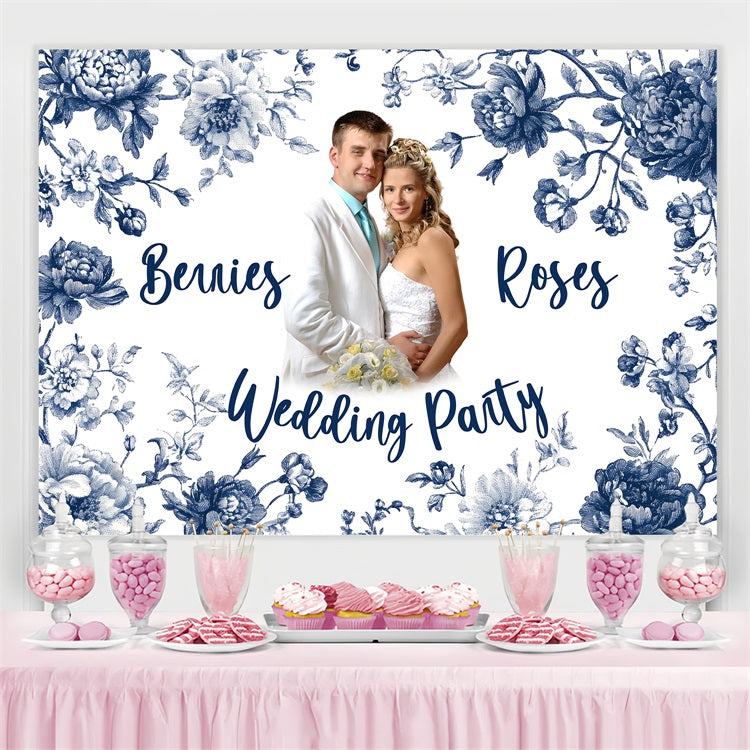 Wedding Backdrops Ideas Blue Ink Floral Personalised Backdrop BRP3-209