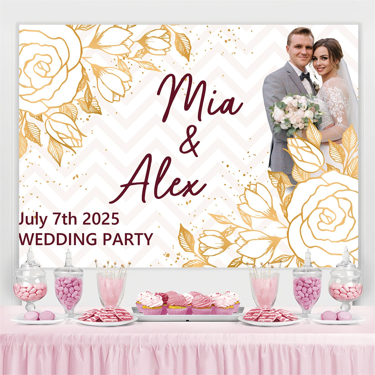 Wedding Backdrop Gold Floral Wedding Personalized Backdrop BRP3-210