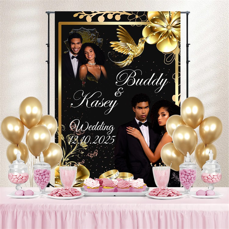 Floral Wedding Backdrop Golden Bird Floral Personalised Backdrop BRP3-222