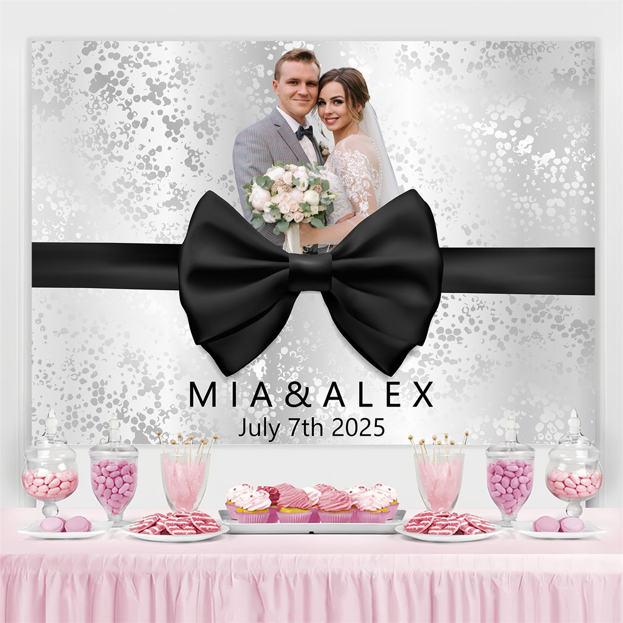 Wedding Photo Backdrops Black Bow Personalized Backdrop BRP3-223