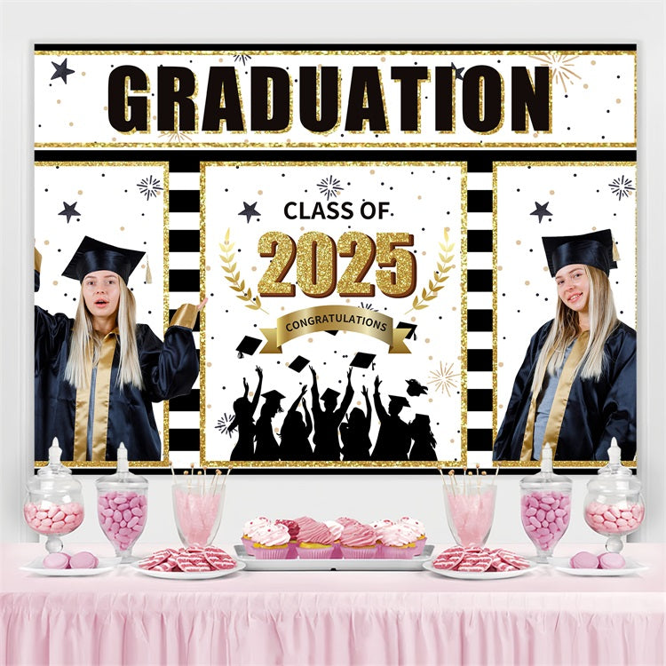 Graduation Photo Backdrop Black Gold Stripe Personalized Party Graduation Backdrop BRP3-228
