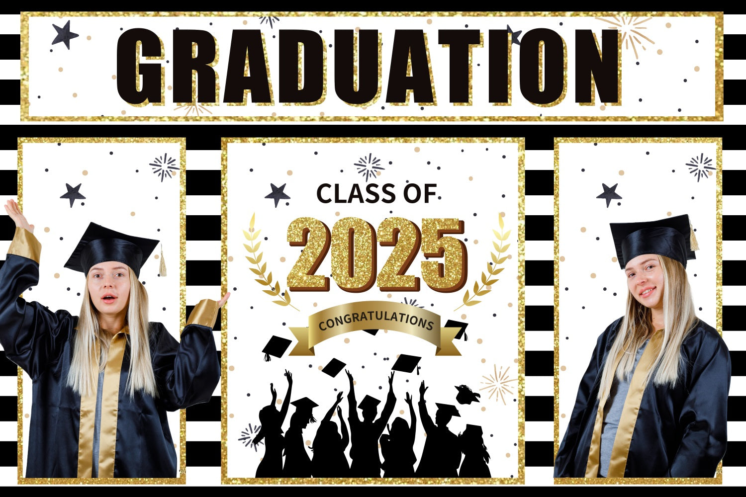 Graduation Photo Backdrop Black Gold Stripe Personalized Party Graduation Backdrop BRP3-228