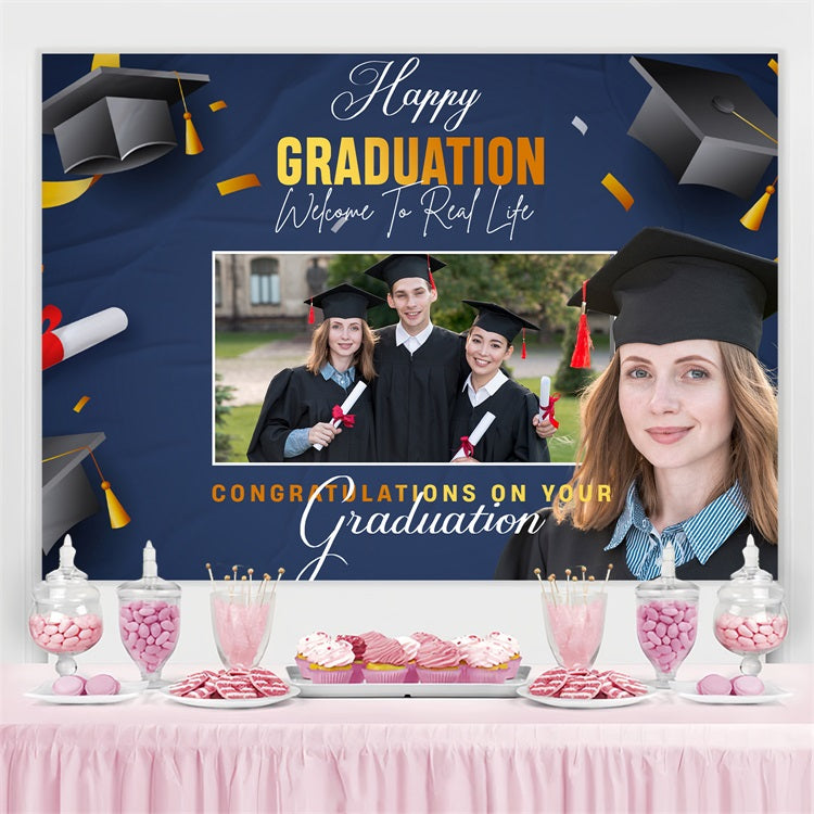 Blue Graduation Backdrop Black Graduation Cap Personalised Party Graduation Backdrop BRP3-234