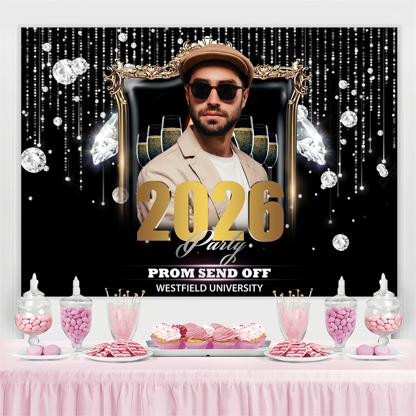 Graduation Photo Backdrop Ideas Diamond Champagne 2026 Personalised Party Graduation Backdrop BRP3-238
