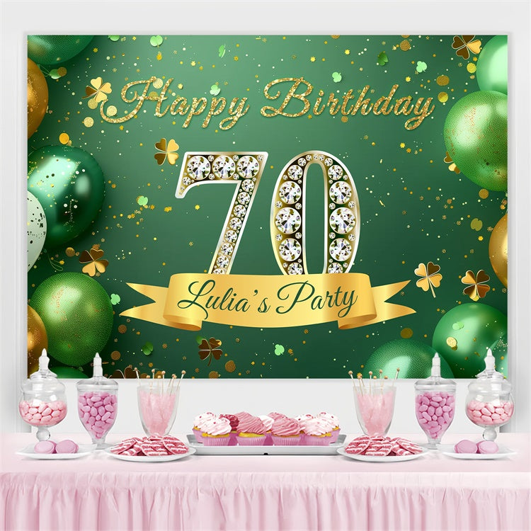 Personalized 70th Birthday Backdrop Green Glitter Balloons Backdrop BRP3-275